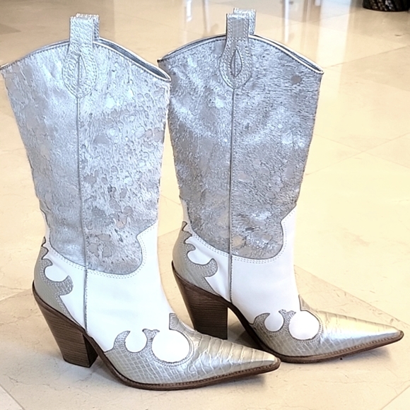 PARA RAIO Genuine Leather Western Silver & White Cowgirl Boots, Sz 9 - Picture 6 of 16